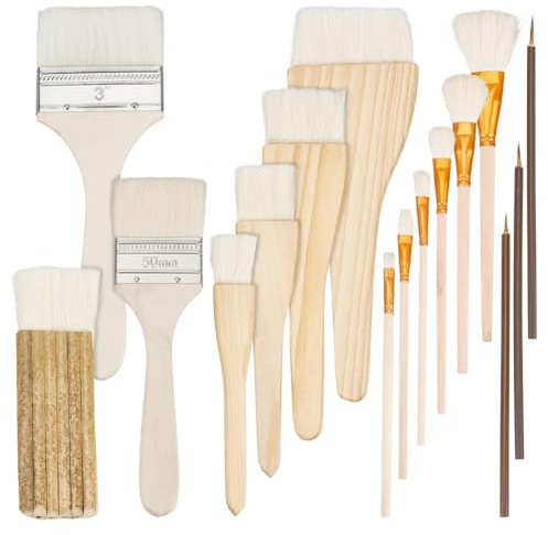 NBEADS 16 Pcs Painting Ceramic Brush Set, Wool Paint Brushes with Wood Handle Different Shape Wool Soft Bristle for Pottery Ceramic Acrylic Watercolor Glazing Creation
