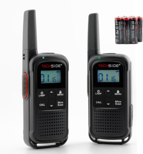 TechSide TS-T3 Go Ricetrasmittente PMR446, 16 Canali, Portata 10 km, Ricarica USB-C, con batterie ricaricabili, Torcia LED, 2 Pezzi Ver.2