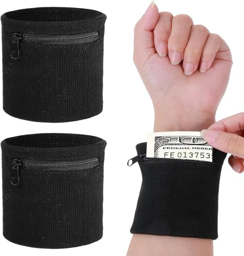 GWEOR 2 Stück Schweißband mit Reißverschluss, Sport Handgelenktasche für Schlüssel & Münzen, Elastisches Wristband mit Tasche für Laufen & Fitness, Saugfähige Baumwoll Armbänder (Schwarz, 1 Paar)