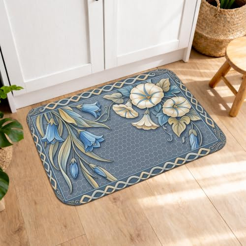 Tapetes de cocina florales para piso, patrón de lirio de agua azul y crisantemo, tapetes suaves, acolchados con resorte, cómodos, lavables, para fregaderos de cocina, lavadero, baño, 16 x 24 pulgadas