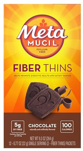 Metamucil Fiber Thins, Psyllium Husk Fiber Supplement, Digestive Health Support and Satisfy Hunger, Chocolate Flavored, 12 Servings