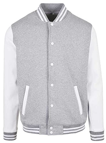 Build Your Brand Basic College Jacket – Unisex College Jacke im Regular Fit aus Baumwolle & Polyester mit Rippkragen, Knopfleiste & Taschen, ideal für Freizeit & Veredelung,Heather Grey/White,L