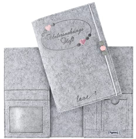 Lezzanna - Untersuchungsheft Hülle - U-Heft für Kinder – Gelbes Vorsorgeheft aus Filz – Impfpasshülle - Schutzhülle - Geschenk für werdende Mütter, zur Geburt oder Taufe (Hellgrau rosa)