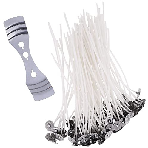 Bodyplus 100 Pcs Candle Wicks - 150mm Long Pre Waxed Wicks with Metal Tabs and 3 Hole Wick Holder - Long Lasting, Low Smoke - Ideal for Making DIY Candles - White