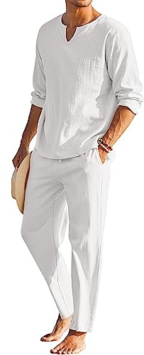 Completo Uomo Estive 2 Pezzi Sportivo in Lino e Cotone Maglietta Manica Lunga + Pantaloni con Elastico in Vita Tinta Unita Traspirante Casual per Spiaggia Vacanza (Bianco, M)
