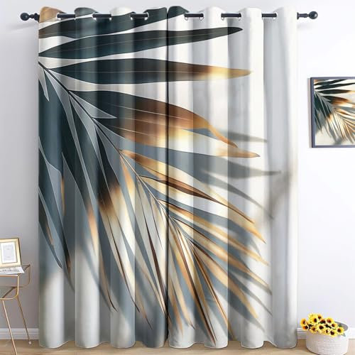 CozyRest Blickdichte Vorhänge Schlafzimmer Wohnzimmer Verdunkelungsvorhang Palmblätter Mit Blattgold Blickdicht Vorhänge Kinderzimmer Schlafzimmer Thermovorhang Mit Ösen 215 x 110 cm（H X B） 2Er Set