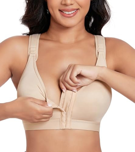 Lemorosy Women's Post Surgical Front Closure Bra Wirefree Non Padded Racerback with Adjustable Wide Strap(Beige,38D)