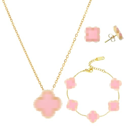 Vierblättriges Glücksklee Schmuckset 18k Vergoldet Vierblättriges Kleeblatt Schmuckset Anhänger Halskette Ohrstecker Armband Emaille Schmuck Set Für Muttertagsgeschenke Geschenke Valentinstag,Rosa