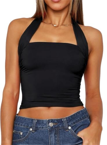 FOFAINWE Damen Neckholder Rückenfreies Crop Top Ärmelloses Sexy Y2K Tank Rücken Slim Fit Tops(Black,L)