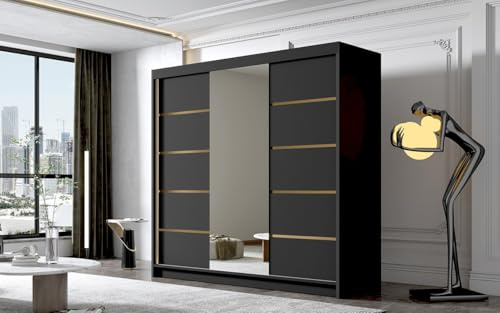 ELUKS - FLAVIO GOLDEN STRIPES Sliding Doors Wardrobe with Mirror Furniture for Bedroom Living Room and Hall Organizer Width 100cm/120cm/150cm/180cm/200cm/WHITE/BLACK/CASHMERE (Black, 200cm)