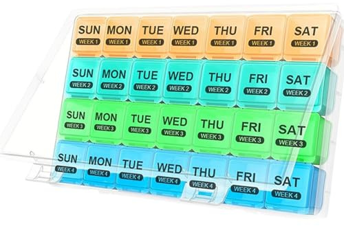 Large Monthly Pill Box, XL Pill Boxes 7 Day 1 Times a Day, Monthly Pillbox Organiser, Large Daily Dossett Meds Boxs 28 Day 28 Compartments, Big Meds Tablet Case for Vitamin on Travel (Multicolor)