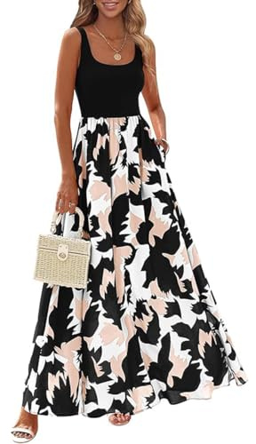 ABINGOO Vestito Lungo Estivo Donna Boho Senza Maniche Scollo Rotondo Elegante Abito Mare Spiaggia Casual Maxi Vestiti con Tasche(Nero,S)