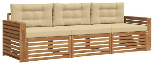 HETFTJN Garten-Sofa Set aus massivem Akazienholz, Outdoor Lounge-Sofa mit beigen Sitz- und Rückenpolstern, Wetterbeständiges Gartenmöbel-Set für Terrasse & Garten, 257,5 x 83 x 73 cm