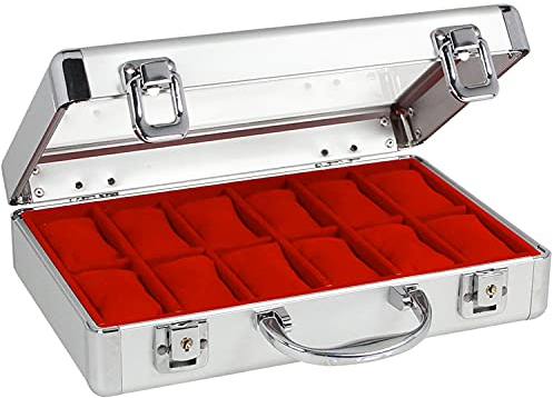 SAFE 265 ALU Uhrenaufbewahrungsbox Herren mit 12 Uhren-Schmuckhalter in rotem Samt - abschließbare Uhren Box mit Glasdeckel und abnehmbaren Uhrenkissen