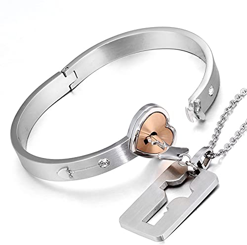 Flongo Paar Schmuck Set Schlossarmbänder und Schlüsselketten Schmuck für Paare Armbänder und Halsketten aus Edelstahl Gepaarte Schlüssel und Schlösser Liebesbeweis Liebhaber Geschenk