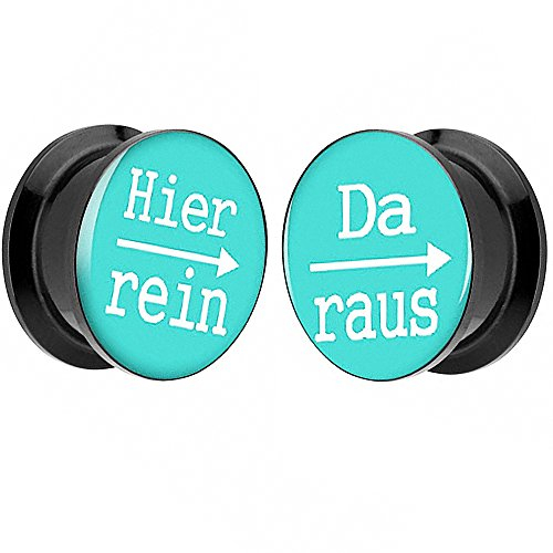 Piersando 1 Paar 2er Set Ohr Plug Piercing Kunststoff Flesh Tunnel Ohrplug mit Hier rein Da Raus Spruch Schwarz Motiv Comic Picture Türkis 14mm