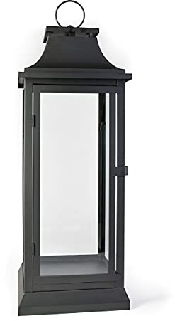 Lugna utrymmen levande svart dekorativ orkan lykta med glaspaneler, perfekt för heminredning, fester, evenemang, bordsskiva, hängande lykta för inomhus, 63,5 cm hög och 24,8 cm diameter