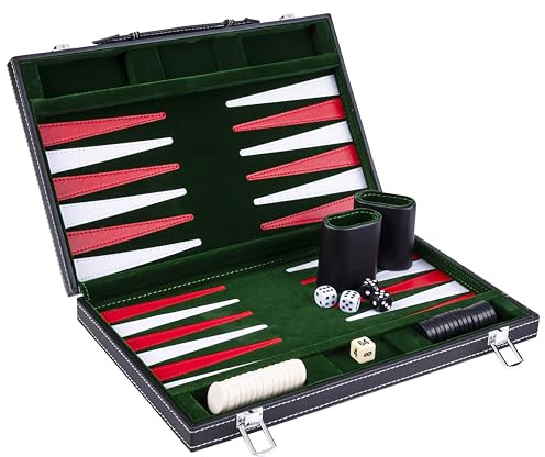 Engelhart - 250517 - Backgammon 15 Pouces - 36 x 48 cm Ouvert - Valise en Simili Cuir & Feutre - Vert/Rouge/Blanc - Jeu de Stratégie - Jeux de Backgammon