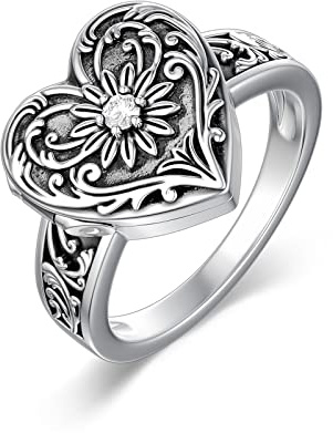SOULMEET Sterlingsilver hjärta solros medaljong ring som håller bilder personligt minnesmärke foto medaljong band giftmedaljong ringar (storlek 5, 6, 7, 8, 9, 10), Sterlingsilver