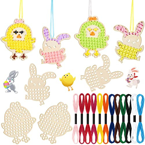 BBTO 10er Packung Ostern Kreuzstich Bastelset Osterhasen Ostereier Holz Kreuzstich Schlüsselanhänger Kinder Kreuzstich Kits Nähen Osterdeko Stickset für Bastelbedarf (Hähnchen Stil)
