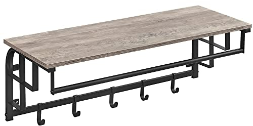 VASAGLE Coat Rack Wall-Mounted, Clothes Rail with 5 Removable Coat Hooks, Floating Shelf with Hanging Rail, for Hallway, Bedroom, Living Room, Greige and Black LCR102B02