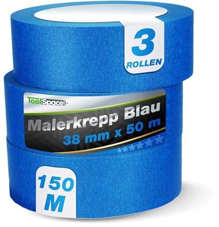 ToolSpace Blått papper skyddsband för målning av väggar och tak renoveringsarbeten lim inga lösningsmedel inget läckage 38 mm/50 m set med 3 stycken 150 m