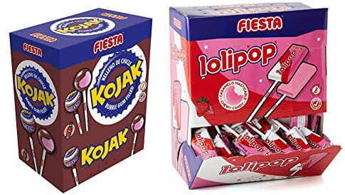 FIESTA Kojak Caramelo con Palo Sabor Cola Relleno de Chicle - Caja de 100 unidades & Lolipop Caramelo Masticable con Palo Sabor Fresa - Caja de 100 unidades
