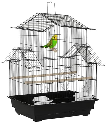 PawHut Vogelkäfig Design Haus Futterhäuser Sitzstangen 3 Türen abnehmbares Kotbrett + Tragegriff 50,5 x 41 x 63 cm schwarz
