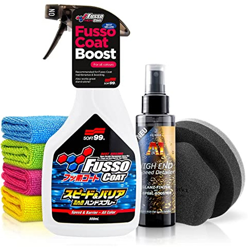 Auto Versiegelung Set: Soft99 Fusso Coat Speed & Barrier Quick Detailer (500ml) + Abperl-Booster mit Glanz-Finish - Sprühwachs - Schutz & Glanz für Deinen Lack - Spray Wax Autopflege | 7-teilig