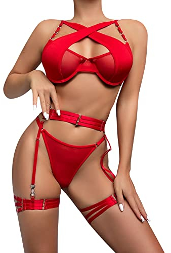 IQYU Dessous Netz Kleid Damen Mesh Stitching Unterwäsche Spaß dreiteiliges Set mit Stahlring Heavy Craft Sexy Anzug Bondage Set