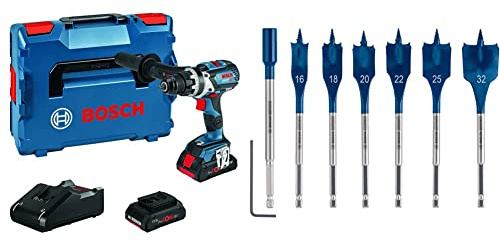 Bosch Professional 18V System Akku Bohrschrauber GSR 18V-110 C (inkl. Akku, Ladegerät, in L-BOXX) + 7x Expert SelfCut Speed Flachfräsbohrer Set (für Weichholz, Grobspanplatte, Ø 16-32 mm, Zubehör)