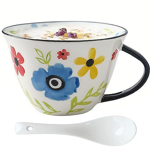 NIUKOMY Tazze Colazione Grande, 600ML Tazza da Tè Grande in Porcellana, Tazze Latte Grandi Floreale, Tazza da Caffè in Ceramica con Cucchiaio, XXL Tazza per Cereali Blu