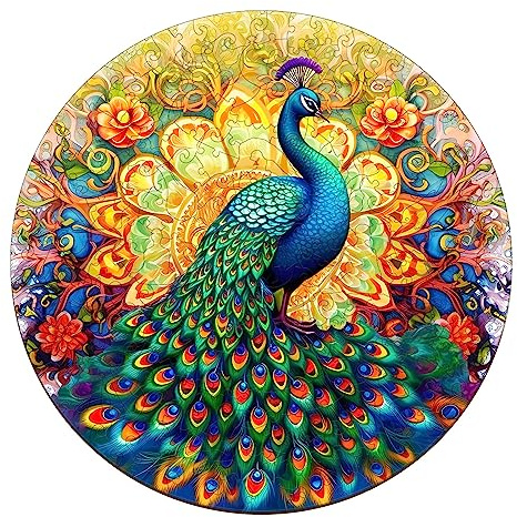 CHARMIBLE Wooden Jigsaw Puzzle, 35x35cm Mandala Peacock, 338pcs, Perfect for Adults & Kids, Home Decor & Gifts