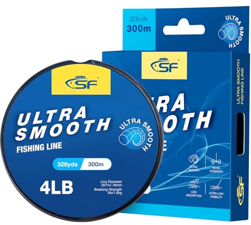SF Ultra Smooth Monofilament Fishing Line with Spool Mono Clear Nylon Line 4LB/1.8KG 330YDS 0.18MM