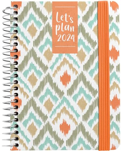 Grafoplás | Jahresplaner 2024 A6 | Design Blurred Orange | Spanisch | Tag Seite | 10,5 x 16,5 cm | Spiralbindung | Hardcover mit bedrucktem Stoff ausgekleidet | elastischer Verschluss | Perfekt für