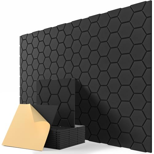 Panneau Acoustique Murale, Lot de 12 Panneaux Acoustiques Decoratifs Autocollantes, Plafond, Porte Traitement Acoustique pour Studio, Chambre, Salon, Gaming, 30 x 30 x 0,9cm, Noir