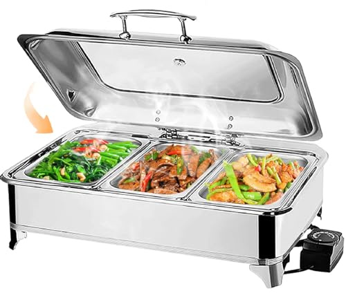 VFDZ 9L Chafing Dish Elettrico Acciaio Inox, Scaldavivande Elettrico Professionale con Regolazione Manopola della Temperatura, Chafing Dish Buffet con Coperchio Visibile(A, 1/3 PAN)
