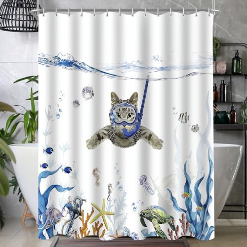 Lerores Duschvorhang 120x200cm, Katzenschwimme Antischimmel Textil, Beschwerter Saum Wasserabweisend, Waschbar Polyester Stoff Badevorhänge 12 mit Ösen und Duschvorhangringe für Badezimmer, Badewanne