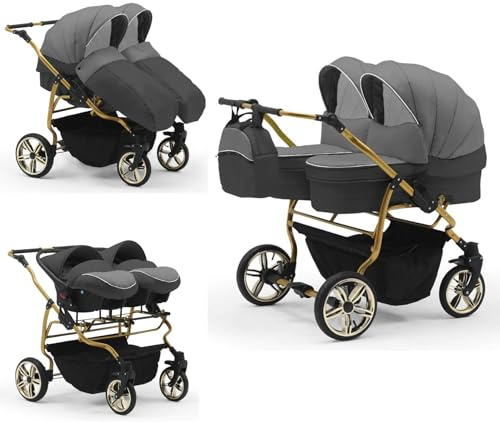 Zwillingskinderwagen 4 in 1 Duet Lux Goldedition inkl. Autositze - 13 Teile - in 20 Farben