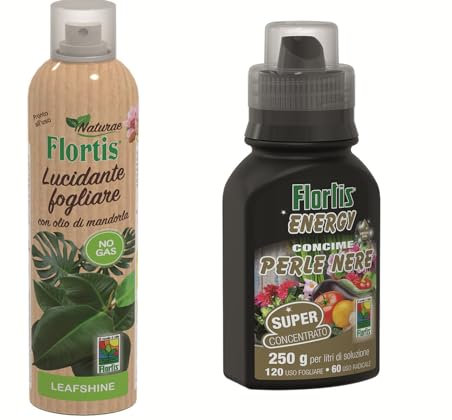 Flortis Kit Benessere Verde. Concime piante universale e Lucidante fogliare. Set concime liquido Energy Perle Nere super concentrato da 250g e lucidante per foglie con olio semi mandorle 250ml.