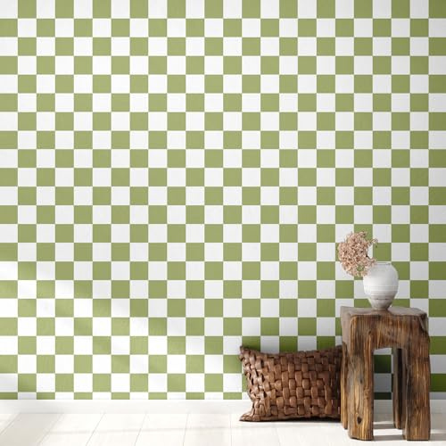 Drydiet Light Green Checkered Peel and Stick Wallpaper 70s Retro Funky Checkered Contact Paper Geometric Waterproof Wallpaper Neutral Checkerboard Decor for Bathroom Cabinet(9.8' x 15.75'')