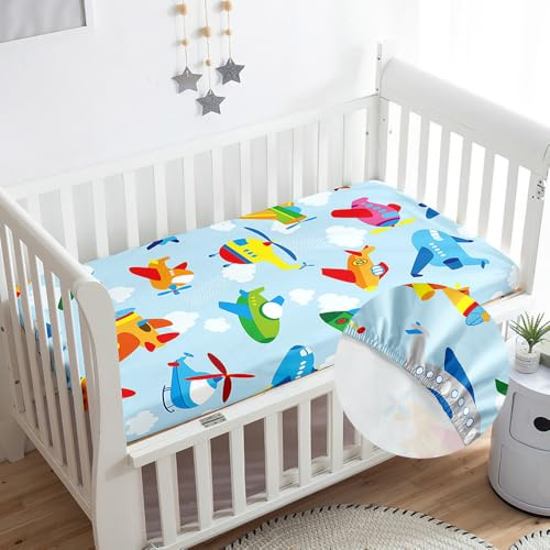 Odot Cartoon Spannbettlaken für Kinderbett, Babybett, Spannbetttuch aus Mikrofaser, Baby Bettlaken Bassinet Kinderwagen Matratzenschoner, Atmungsaktiv, Pflegeleicht (Blaues Flugzeug,80x160cm)