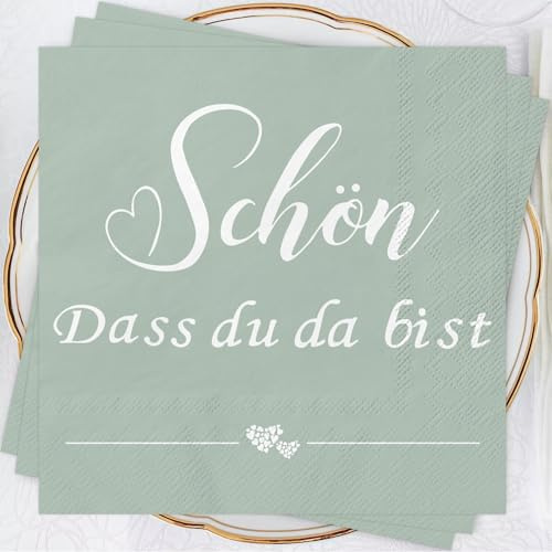 Wentsent Servietten 'Schön Dass Du Da Bist' Mit Herz, 80 Stück Eukalyptus Grün, Salbeigrün Party Tischdeko für Hochzeit, Taufe, Geburtstag, Konfirmation, Kommunion, Baby Shower