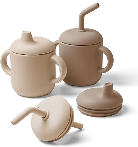Navik | tasse apprentissage bebe en silicone | verre bébé | gobelet paille | avec deux poignées | Marron et beige