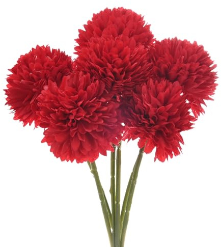 M METERXITY 6-Pack Artificial Chrysanthemum Ball Flowers,11 Inch Faux Chrysanthemum Silk Bouquets Real Touch Faux Flowers for Home/Wedding/Christmas/Party[Bright Red]