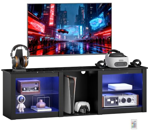 HOMCOM TV Unit with LED Lights for Television up to 70 Inch 160cm Black | TV Stand Cabinet, Adjustable Glass Shelves, Open Compartments for Gaming Consoles, Living Room, Bedroom