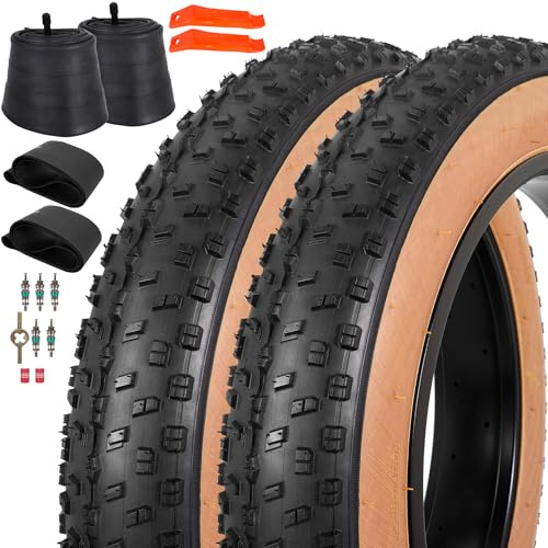 Lot de 2 pneus et chambres à air 20 x 4,0, résistants aux crevaisons, pliables, compatibles avec les vélos électriques, VTT, VTT, parois latérales directionnelles de couleur peau 33TPI