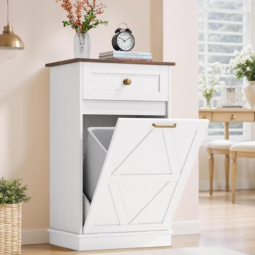 Furmax Tilt Out Trash Cabinet 10 Gallon, Woodern Hidden Trash Can Holder, for Kitchen, Laundry Sorter (White)