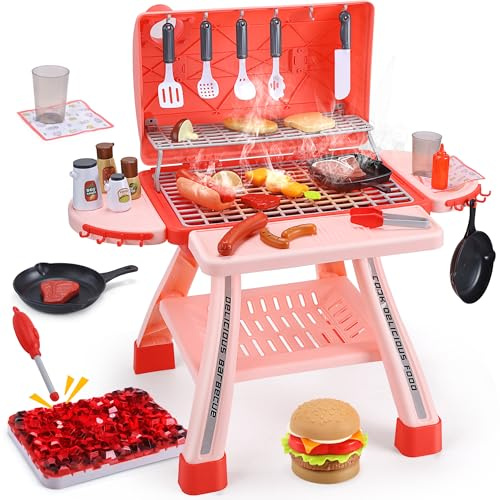 CUTE STONE barbecue giocattolo in pietra per bambini, set da cucina, set da gioco realistico per barbecue con fumo e accessori da cucina Rosa