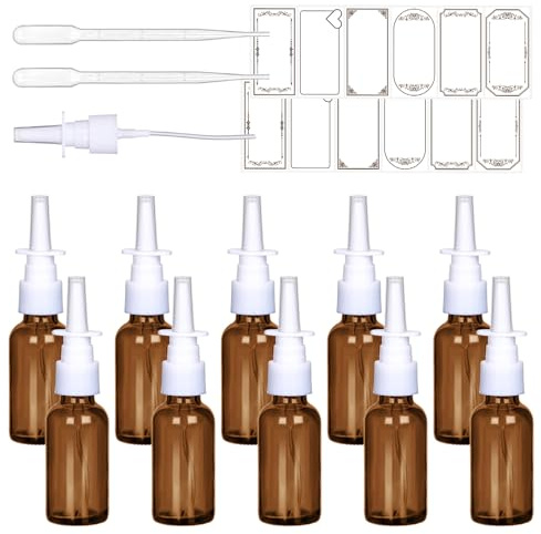 Empty 1oz Amber Nasal Spray Bottles 10Pack, Glass Fine Mist Sprayers, Leakproof Atomizers with UV Protection for Saline, Essential Oils - Portable Travel Size for Sinus Relief, Allergy Care, Home Use